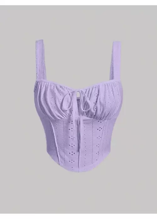 Lila Nakış Desenli göğüs Dekolteli Geniş Askılı Üst Crop