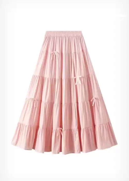 Pembe Katlamalı Kurdeleli Uzun Etek