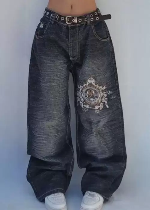 Siyah Yıkamalı P Patchli Vintage Baggy Y2K Pantolon