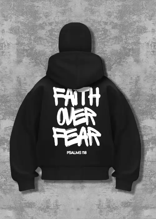 Unisex Oversize Siyah Fait Over Fear Baskılı Maskeli Hoodie