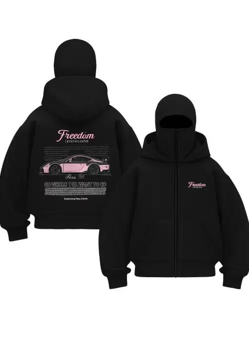 Unisex Oversize Siyah Freedom Araba Baskılı Maskeli Hoodie