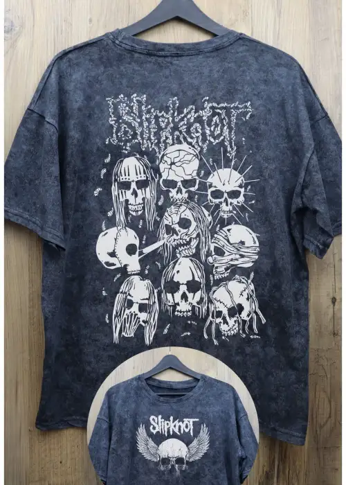 Unisex Slipknot Sırt Baskılı Yıkamalı Tişört, Oversize Rock-Metal Baskılı Eskitme T-Shirt