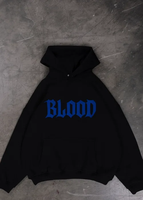 1Blood Mavi Taş Baskılı Oversize Unisex Kapüşonlu Sweatshirt