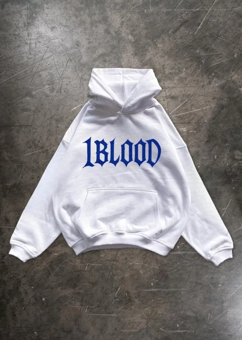 1Blood Mavi Taş Baskılı Oversize Unisex Kapüşonlu Sweatshirt