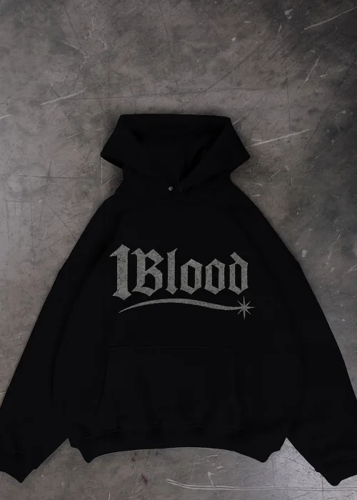 1Blood Siyah Taş Baskılı Oversize Unisex Kapüşonlu Sweatshirt
