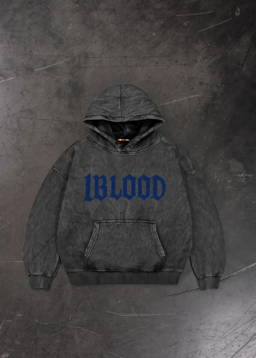 1Blood Yıkamalı Taş Baskılı Oversize Unisex Kapüşonlu Sweatshirt