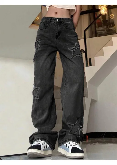 Y2k GRİ YIKAMALI BAGGY YILDIZ DETAY Star Detail Baggy Panth