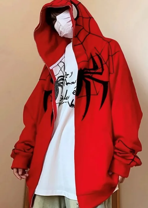 KIRMIZI KAPÜŞONLU SİYAH SPİDERMAN MASKE HIRKA