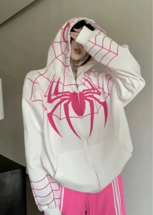 BEYAZ KAPÜŞONLU PEMBE SPİDERMAN MASKE HIRKA