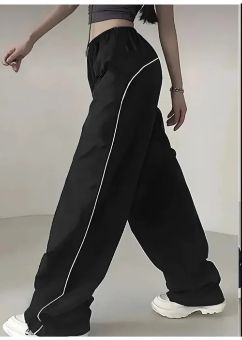 SİYAH BELİ LASTİKLİ ŞERİTLİ PARAŞÜT BAGGY PANTOLON