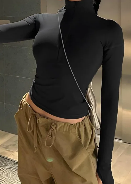 FERMUARLI UZUNKOL SİYAH SANDY BLUZ