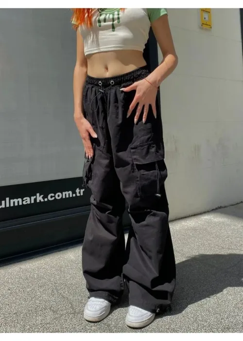Extra Baggy Kargo Cepli Tactical Paraşüt Kumaş Bol Paça Siyah Renk Pantolon