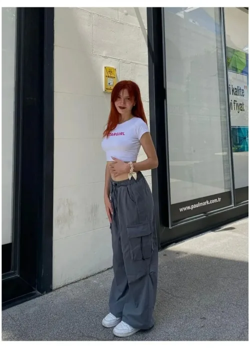 GRİ AŞIRI BOL KALIP Y2K KARGO CEP LASTİKLİ UNİSEX BAGGY