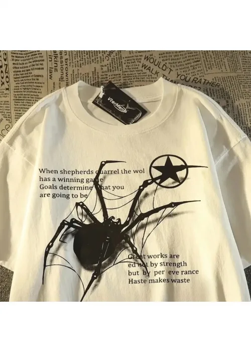 Beyaz Unisex Örümcek Yazılı Tişört
