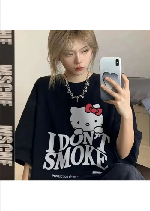 Siyah Renk Unisex I Dont Smoke Hello Kitty Yazılı Desenli Tişört