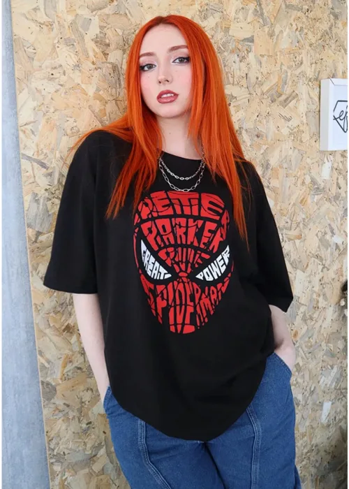 Siyah Renk Unisex Great Power Spiderman Yazılı Tişört