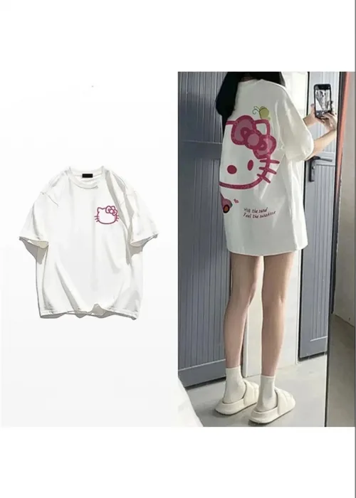 Beyaz Renk Unisex Sırt Baskılı Face Hello Kitty Desenli Tişört