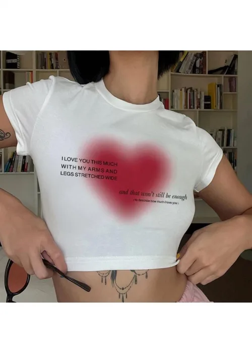 KALPLİ HEART BASKILI BEYAZ CROP