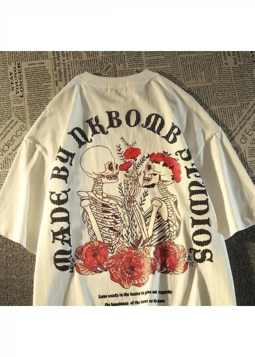 Skulls In Love & Roses Sırt Baskılı Beyaz Unisex Oversize T-shirt
