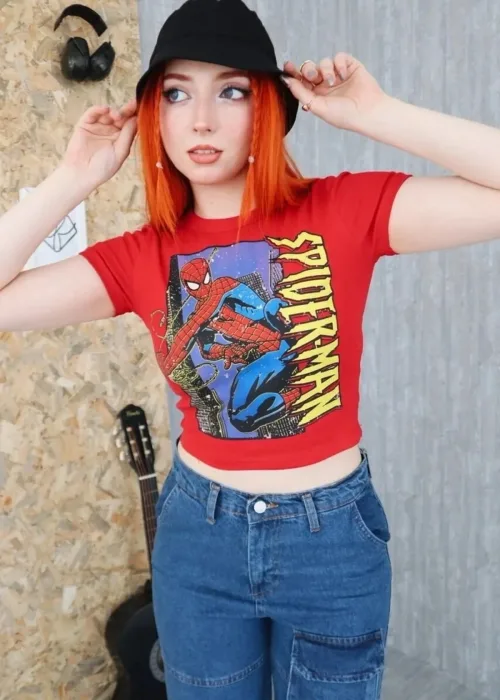 Kırmızı Spiderman Bisiklet Yaka Karakter Örümcek Adam Crop Top Bluz