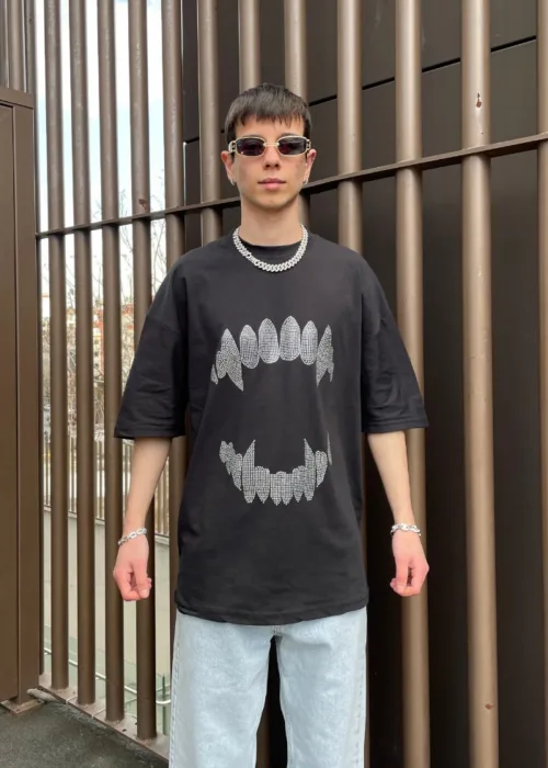 Taşlama Baskılı Siyah Oversize T-shirt