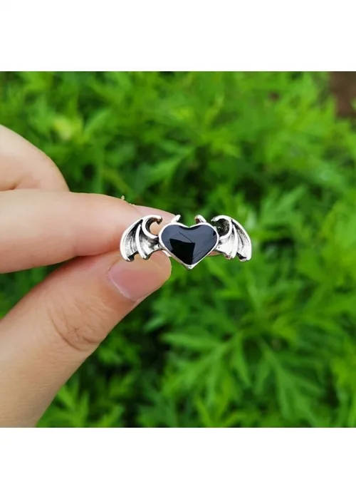 Gothic Kalp Heart Decor Çift Kanat Unisex Ayarlanabilir Yüzük