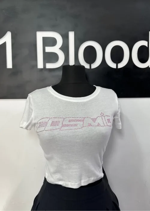 Pembe Taşlı Cosmic Beyaz Crop Top