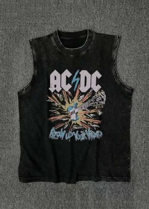 ACDC Yıkanmış Eski Retro Atlet Bisiklet Yaka Yıkamalı Vintage Unisex Oversize