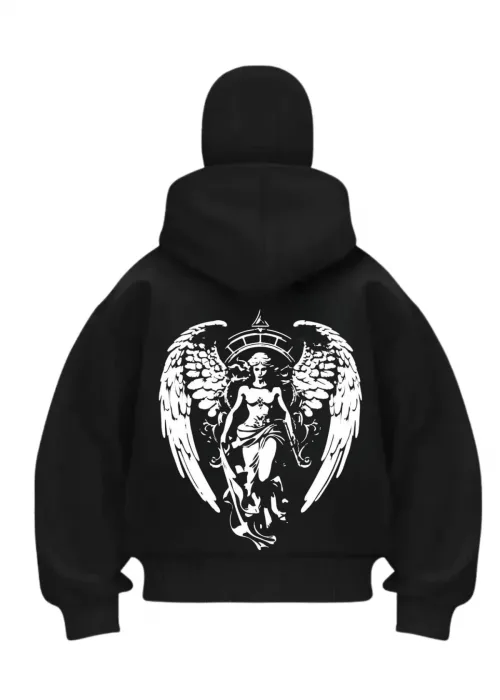 Angels Baskılı Siyah Samuray Kar Maske Sweatshirt Hırka