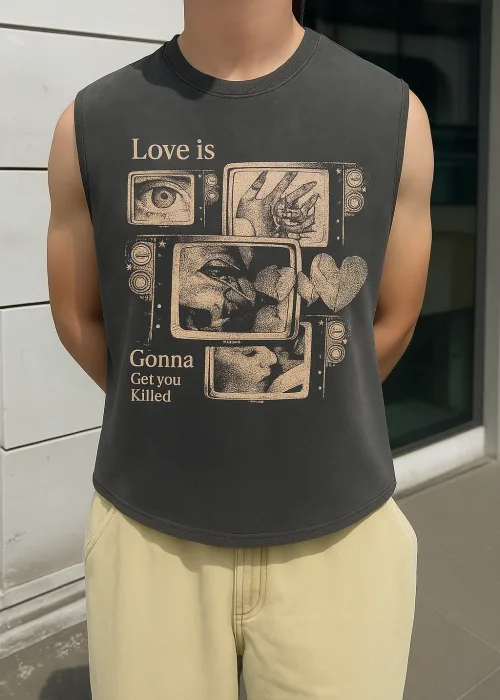 Aşk seni öldürecek Atlet Bisiklet Yaka Yıkamalı Vintage Unisex Oversize T-Shirt