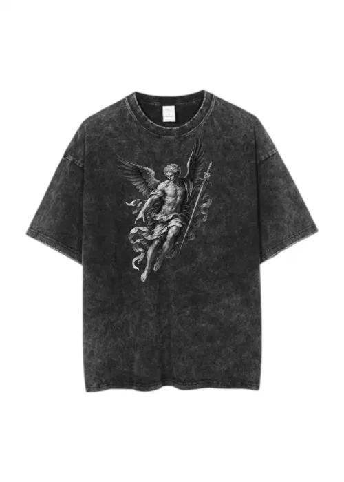 ANGEL Baskılı Yıkamalı Eskitme Unisex Tişört