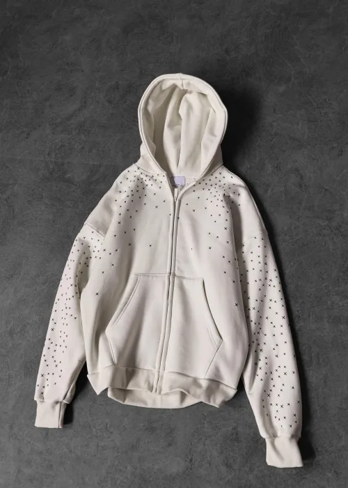 Yıldız Detay Oversize Premium Fermuarlı Hoodie