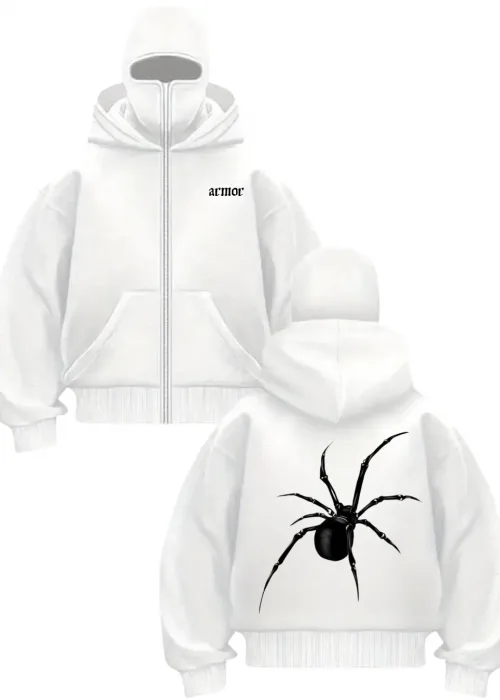 Beyaz Armor Spider Baskılı Kar Maskeli Unisex Sweatshirt Hırka