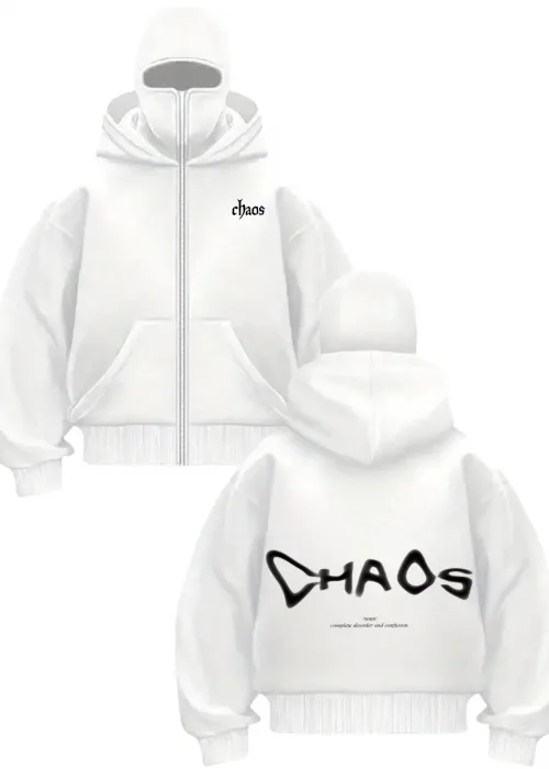 Beyaz Chaos Baskılı Kar Maskeli Unisex Sweatshirt Hırka