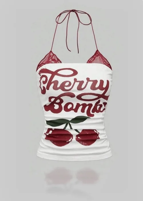 Beyaz Cherry Bomb Dantelli Ek Askılı Crop