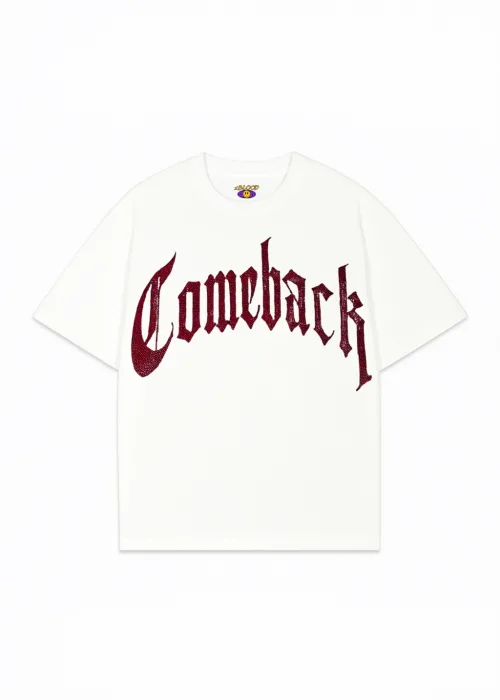 Beyaz ComeBack Kırmızı Taş Baskılı Oversize Unisex T-shirt