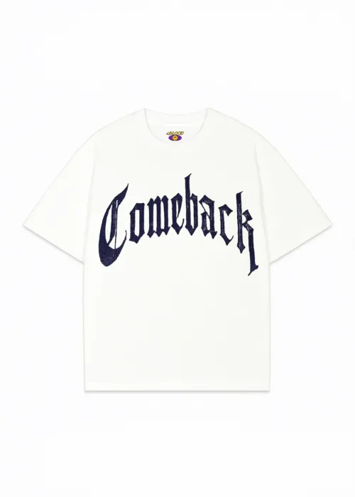 Beyaz ComeBack Mavi Taş Baskılı Oversize Unisex T-shirt