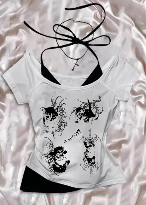 Beyaz Gothic Cat Yaka Ek Askılı Kısa Kollu Full Body Crop