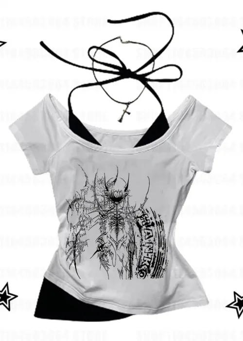 Beyaz Gothic Hanko Yaka Ek Askılı Kısa Kollu Full Body Crop