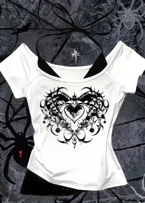 Beyaz Gothic Heart Yaka Ek Askılı Kısa Kollu Full Body Crop