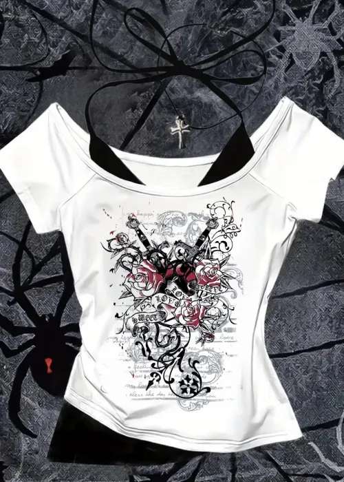 Beyaz Gothic Red Love Yaka Ek Askılı Kısa Kollu Full Body Crop