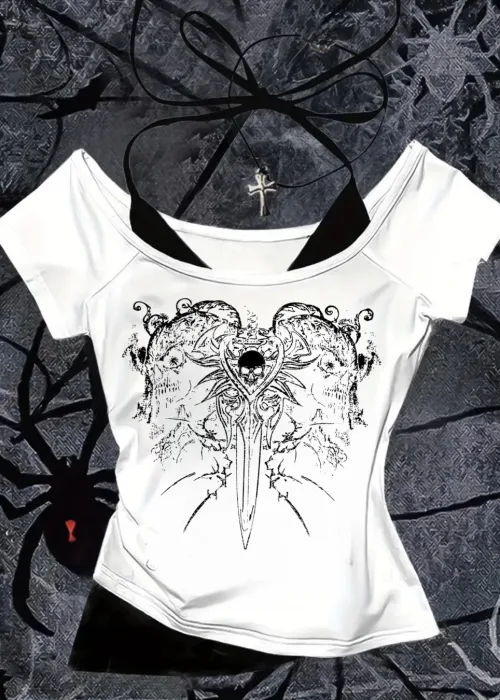 Beyaz Gothic Skeleton Yaka Ek Askılı Kısa Kollu Full Body Crop