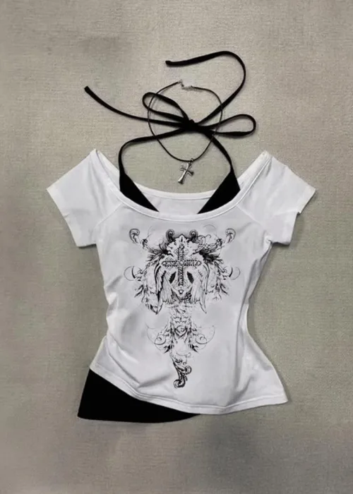 Beyaz Gotik Cross Wing Askılı Y2K Kısa Kollu Crop