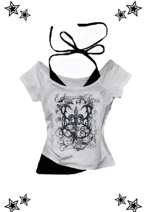 Beyaz Gotik Embrace Madonna Yaka Ek Askılı Y2K Kısa Kollu Crop