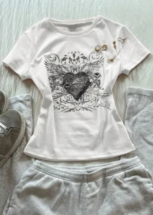 Beyaz Gotik Heart Harajuku Y2K Kısa Kollu Crop