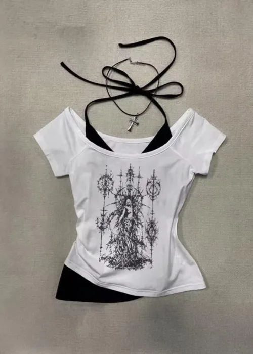 Beyaz Gotik Wizard Angel Beyaz Ekli Y2K Kısa Kollu Crop