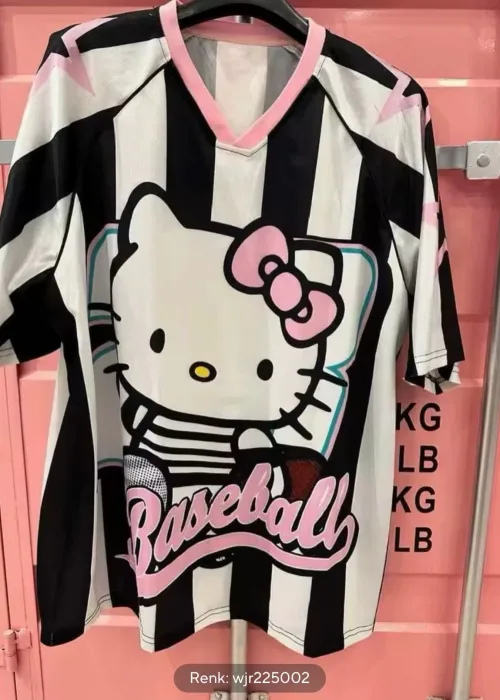 Beyaz Hello Kitty Beyzbol Baskı Detail Jersey Kısa Kol Forma