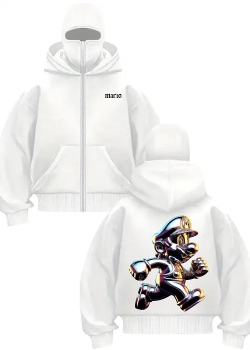Beyaz Holo Mario Baskılı Kar Maskeli Unisex Sweatshirt Hırka