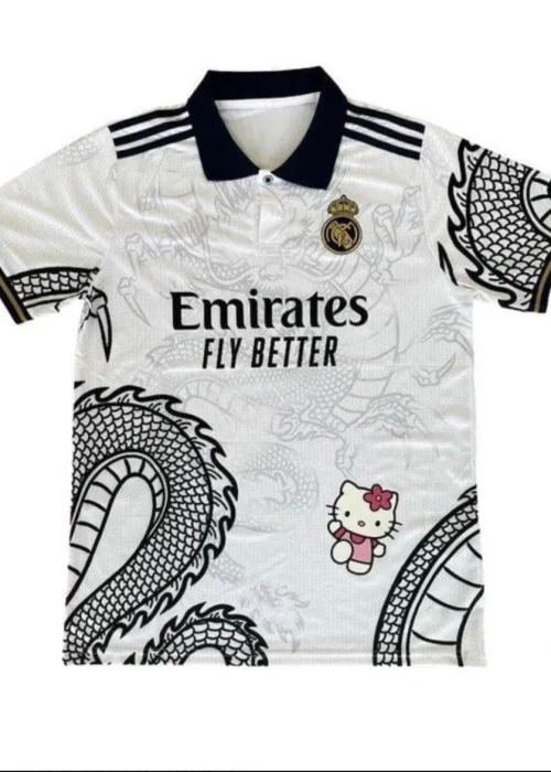 Beyaz Kitty Madrid Forma Dragon Jersey Siyah Düğmeli Yaka T-shirt