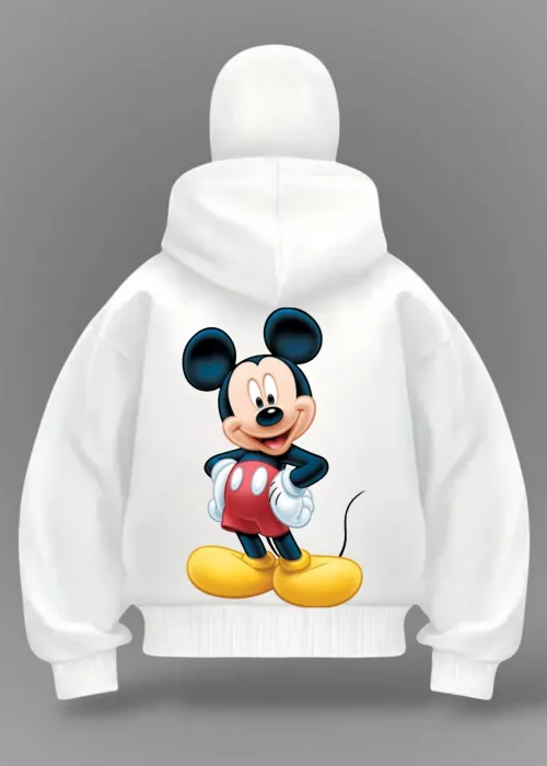 Beyaz Mickey Mouse Baskılı Kar Maskeli Unisex Sweatshirt Hırka